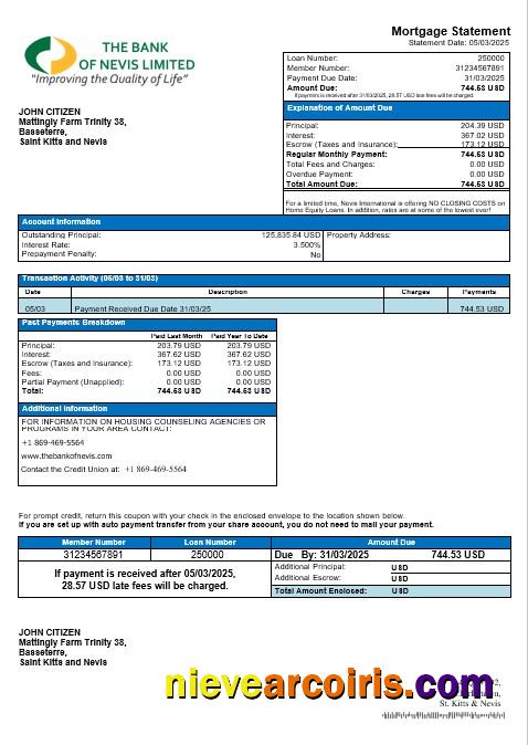 Saint Kitts and Nevis The Bank of Nevis mortgage statement